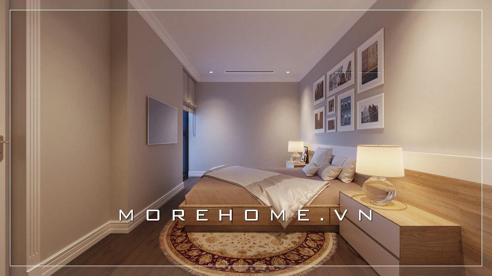 Thiết kế nội thất phòng ngủ nhỏ hiện đại, mảng tường đầu giường được trang trí với tranh treo tường tạo điểm nhấn ấn tượng không bị nhàm chán